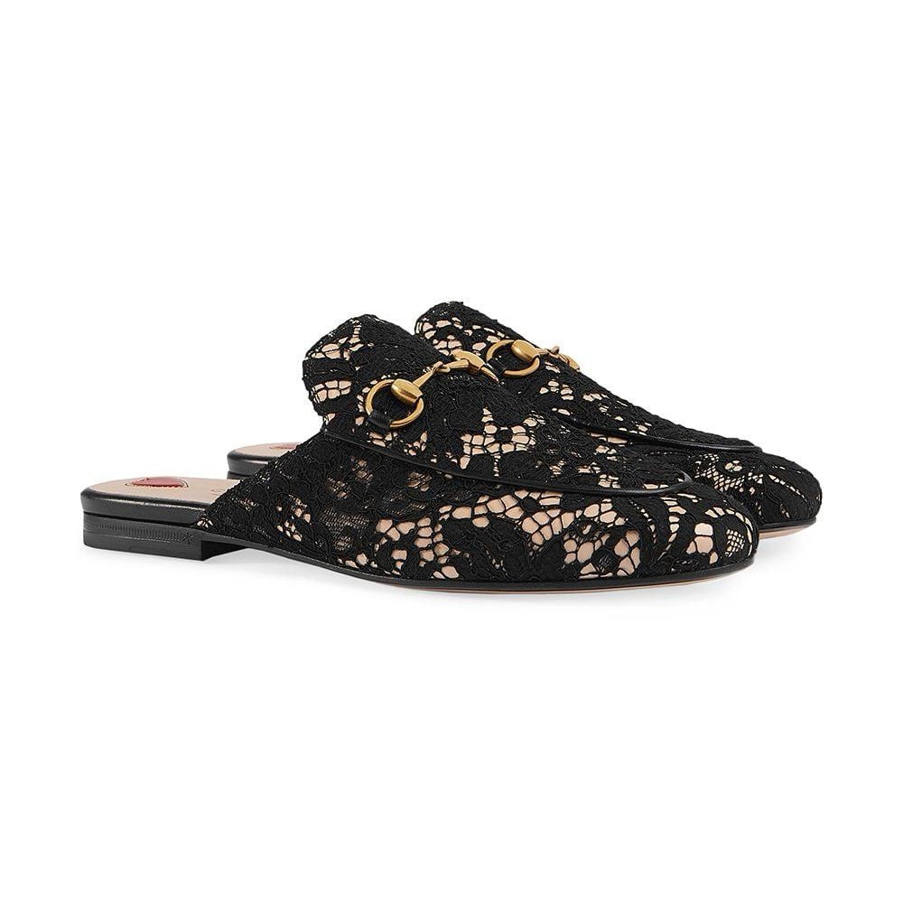 Gucci Black Horsebit Lace Mules